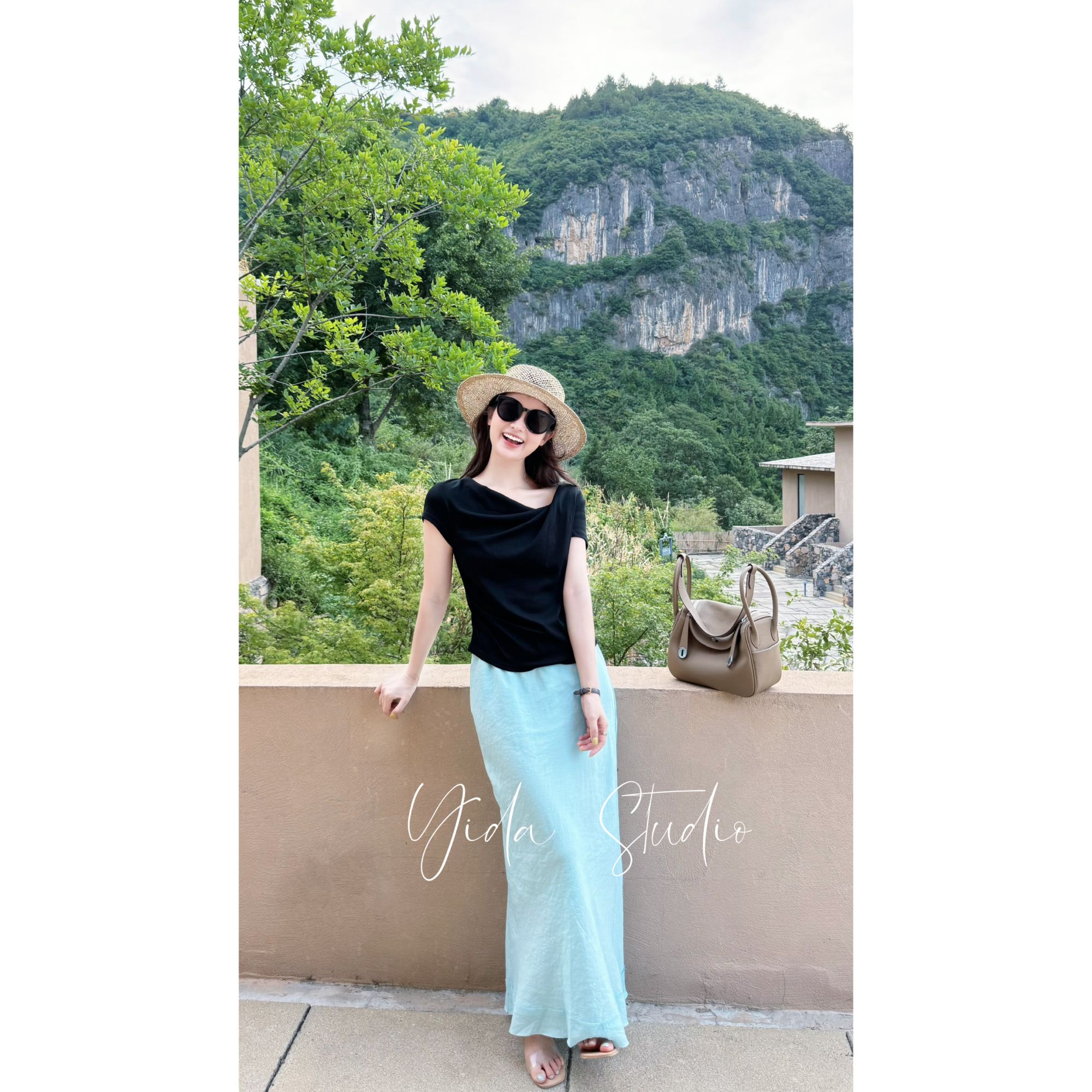 YIDA【浅蓝】韩系高级拼接感半身裙