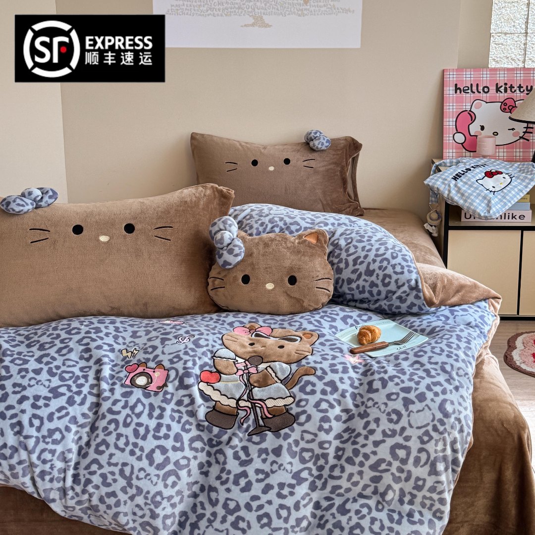 猫咪日记卡通豹纹黑皮猫猫牛奶绒四件套加厚保暖宿舍三件套床品