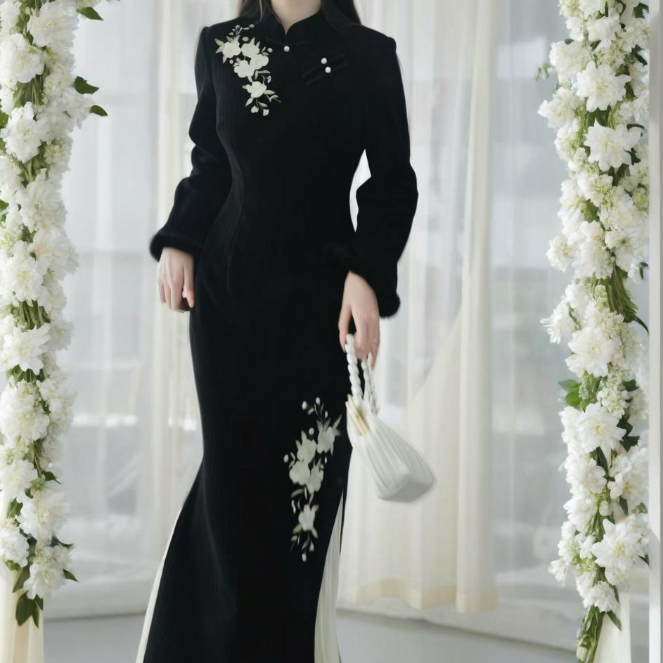 俏娘鱼黑色复古新中式倒大袖旗袍女2025冬新款日常可穿改良年轻款