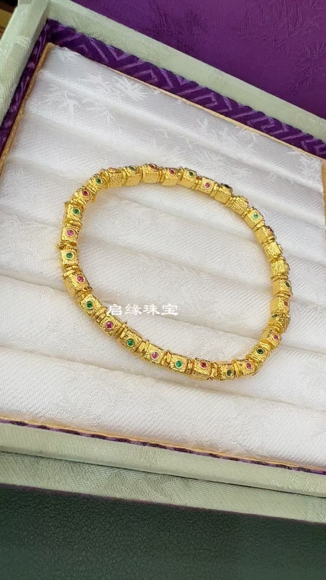 足金复古嵌宝方珠手串