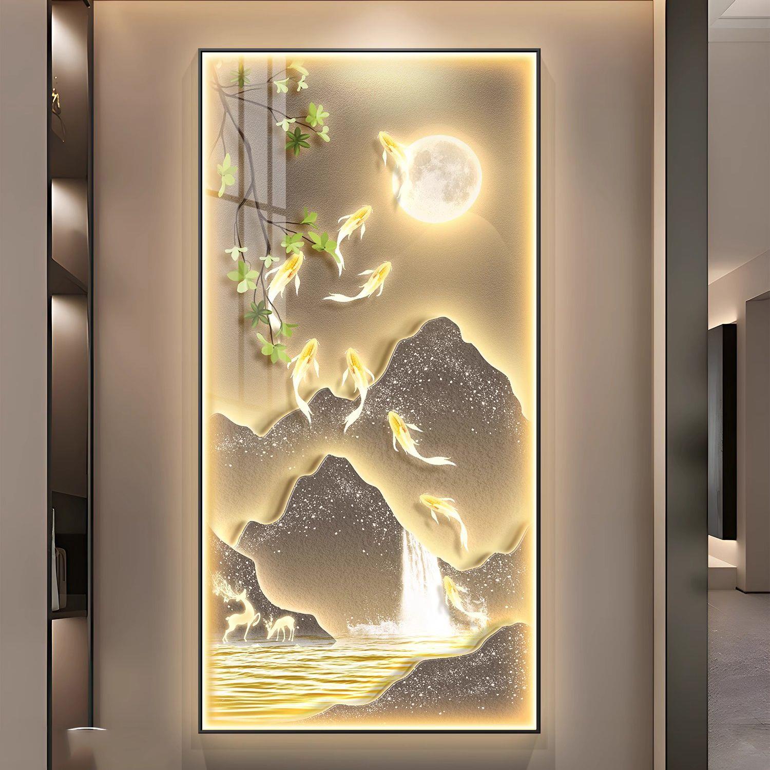 LED灯九鱼图玄关装饰画入户正对门挂画高端走廊过道壁画2025新款