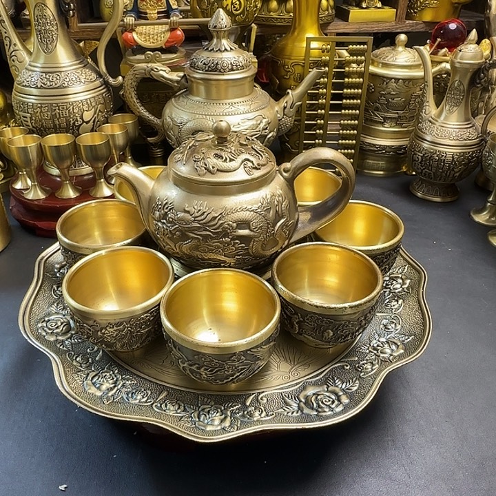 黄铜龙凤壶8杯加盘