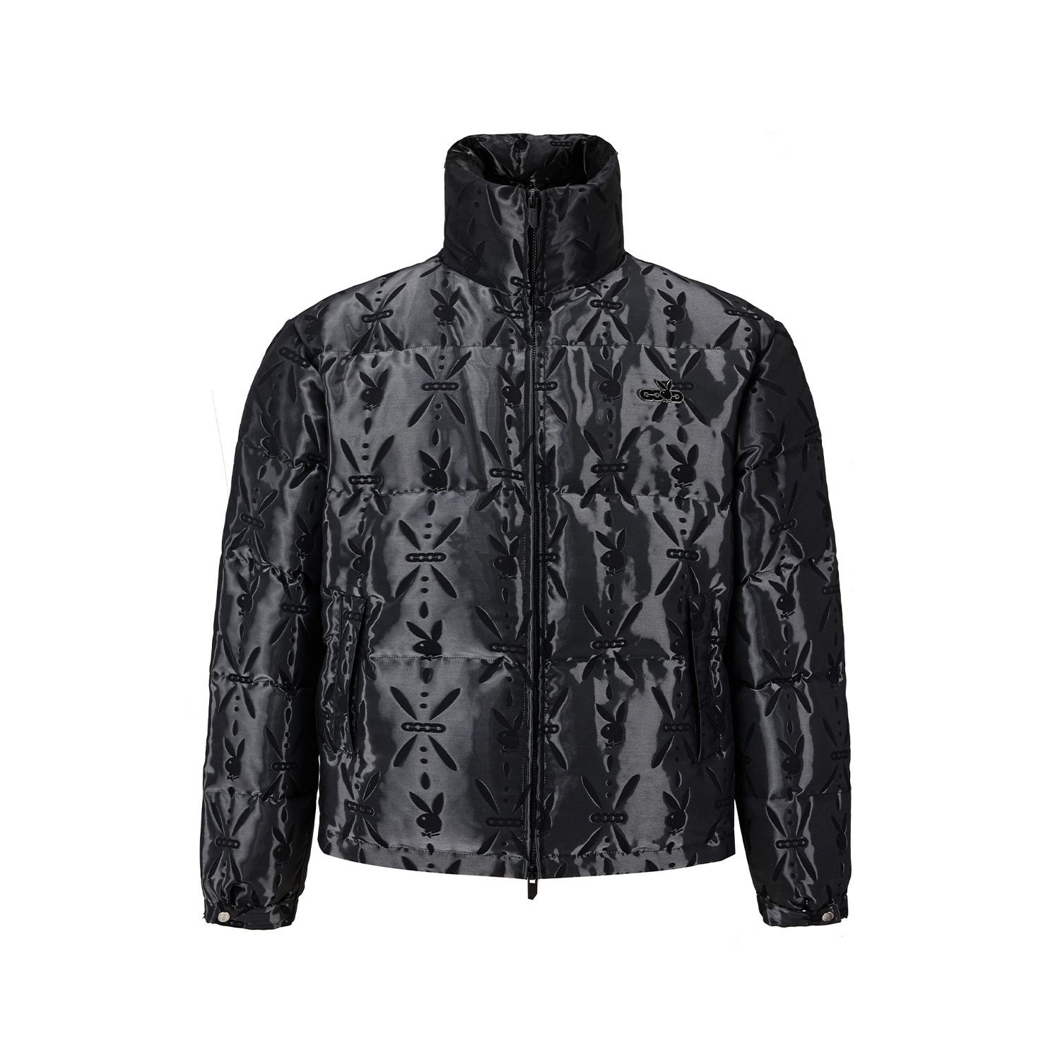 GB-GOODBRAND x PLAYBOY 2025FW 黑色满印暗纹logo液态金属羽绒服