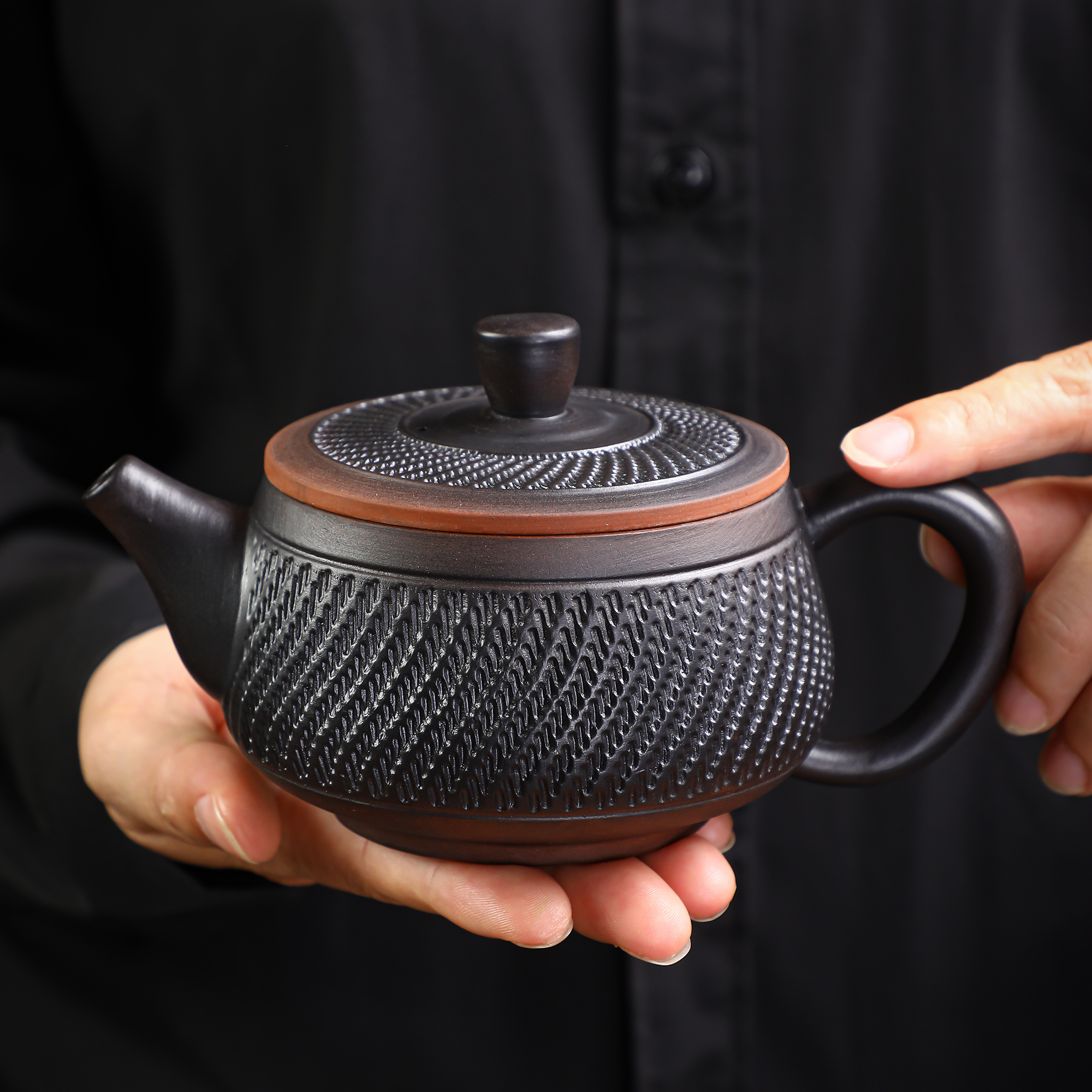  紫陶茶壶半手工跳刀纹大容量汉瓦壶高档茶具套装泡茶复古家用壶