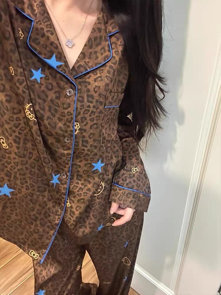 DANNYKIKI 法式休闲风黑皮豹纹睡衣女春秋季亲肤宽松长裤套装