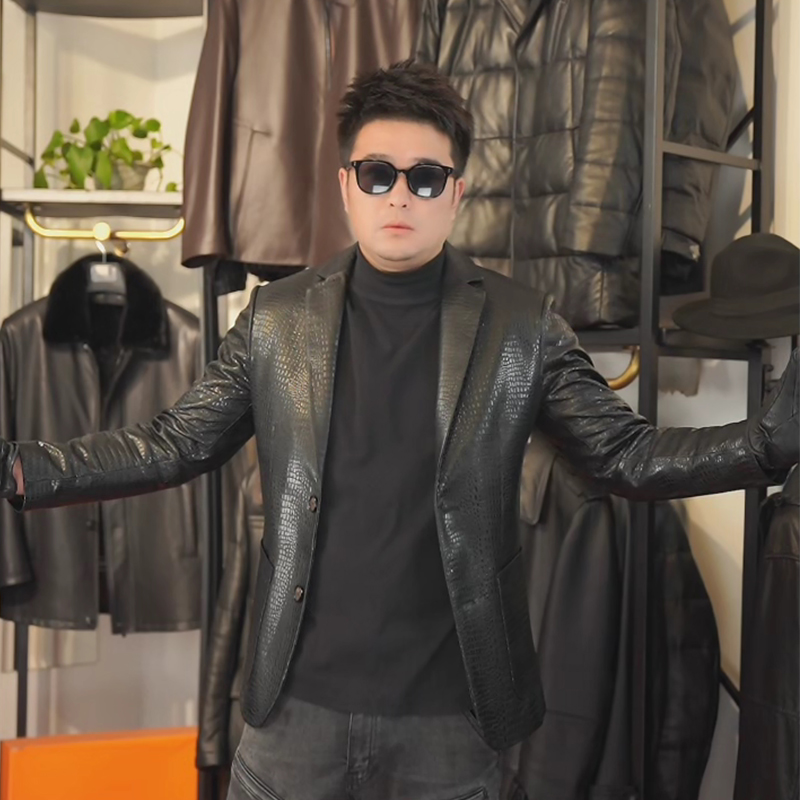 男士秋冬黑色鳄鱼纹真皮小西装时尚修身潮流百搭休闲绵羊皮皮衣
