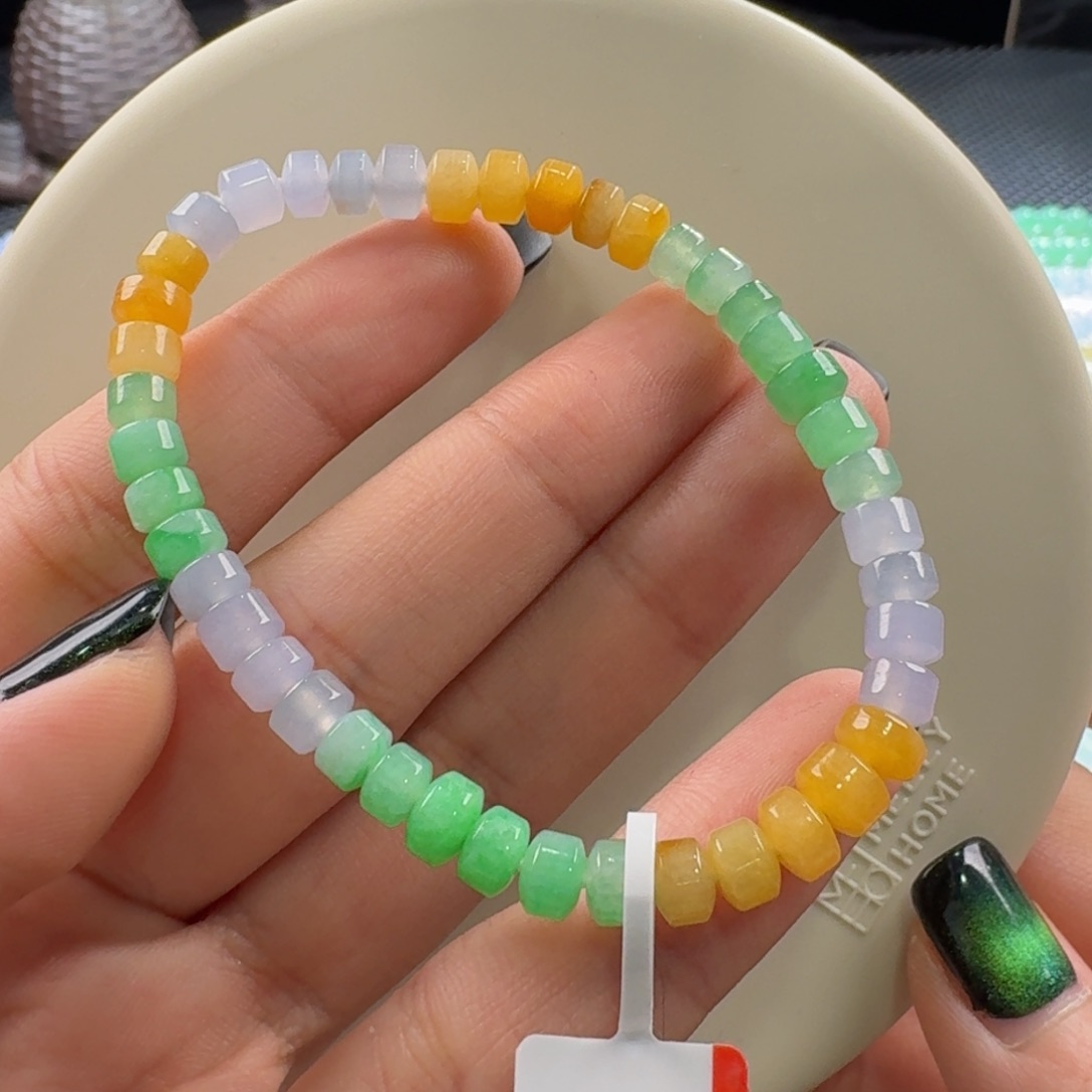 翡翠手链未镶嵌冰三彩桶珠手串卡5.5-6.2 福利！