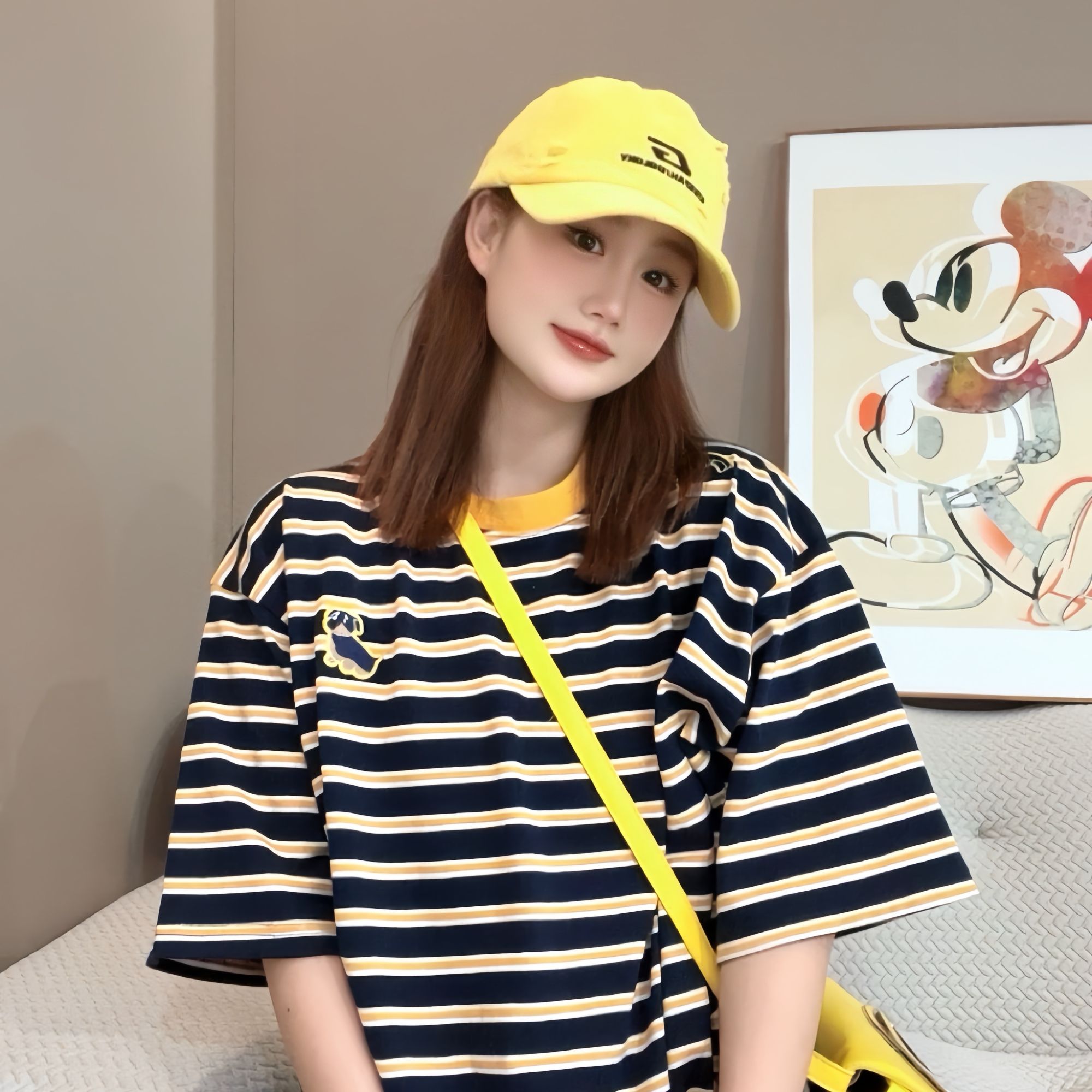 【FANG方方】韩版东大门2025新款黄色条纹短袖T恤女休闲宽松情侣
