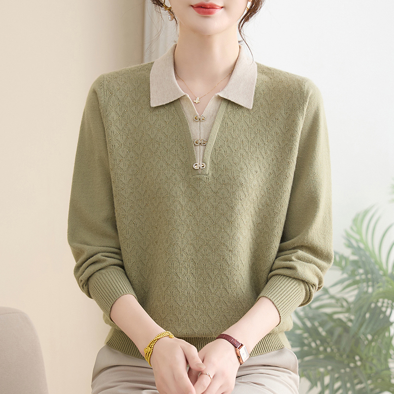 秋季新款中老年妈妈装翻领宽松洋气舒适套头通勤休闲针织衫上衣