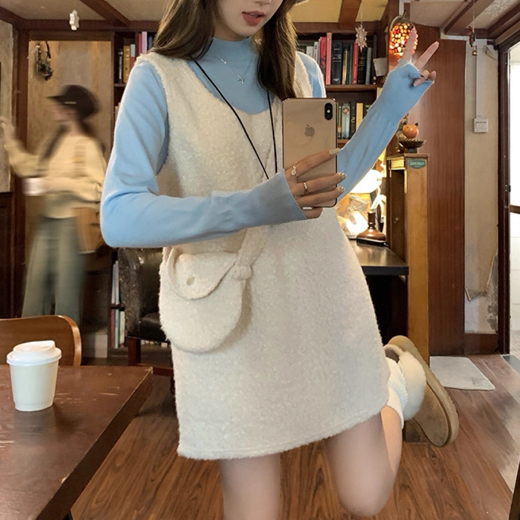 温柔减龄圈圈毛针织背心连衣裙搭配高领打底衫短款