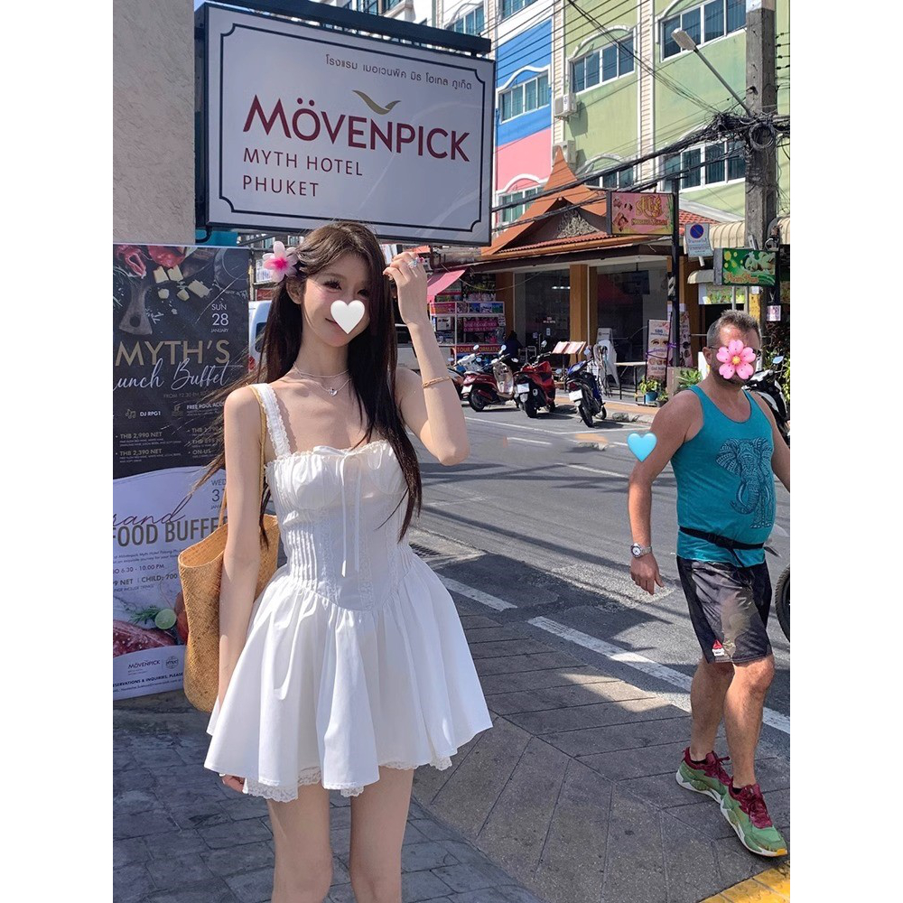 白水女春日小白裙白色吊带连衣裙女新款收腰显瘦度假初恋短裙夏季