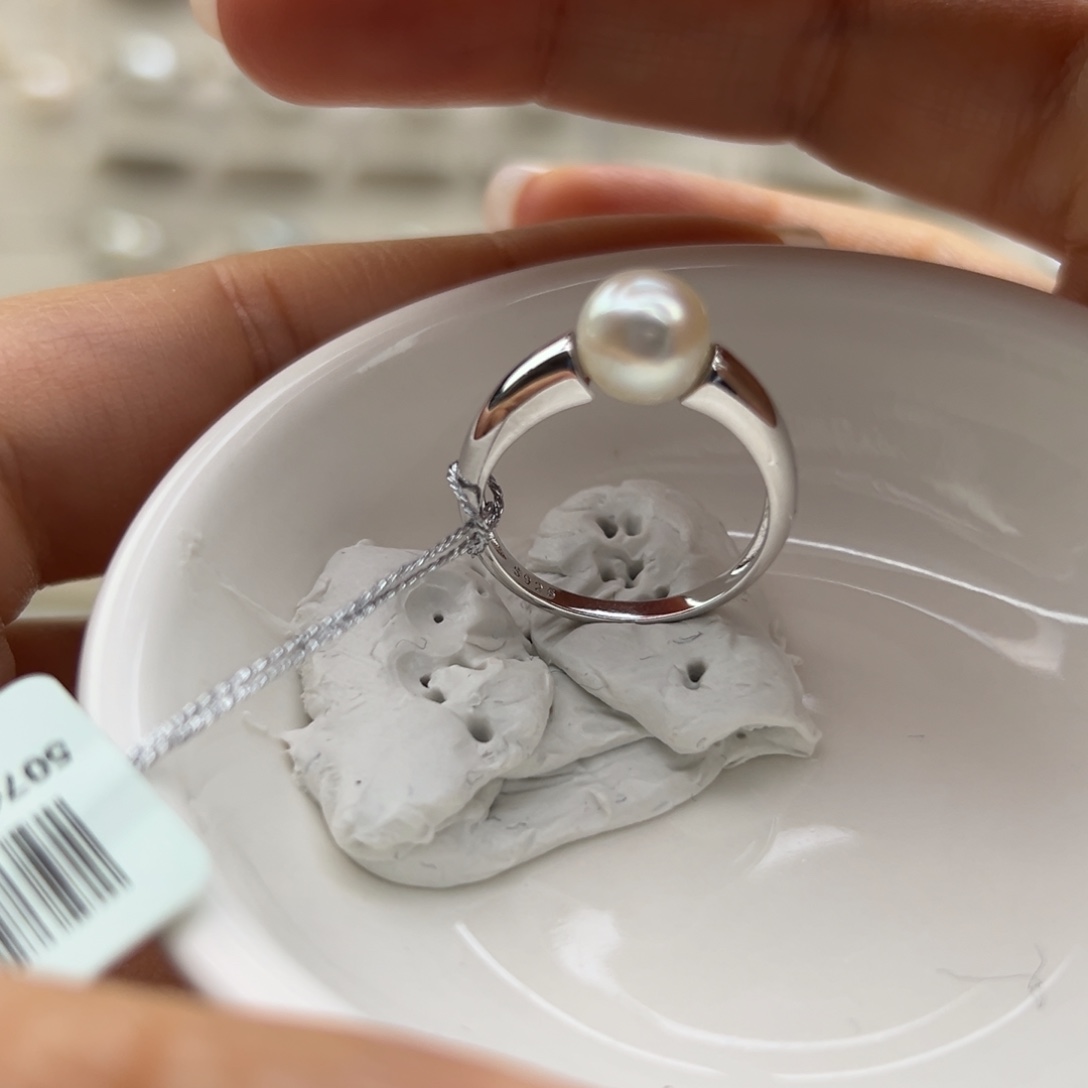 银S925镶嵌戒指海水珍珠7.6mm正圆Ak小灯泡简单款