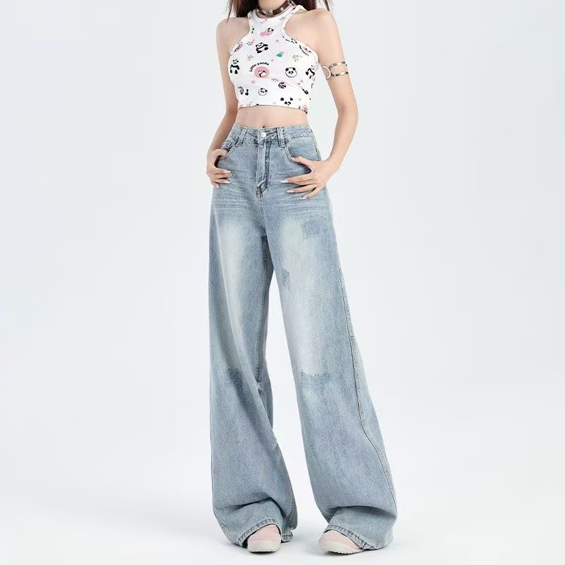 珠 韩版高腰牛仔裤女窄版阔腿裤显瘦宽松