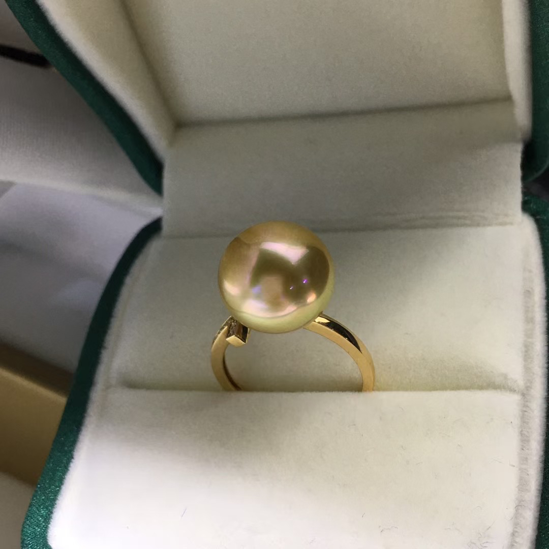 海水南洋天然浓金珠戒指12-13mm镶嵌18k金钻 石款宝石光表皮干净