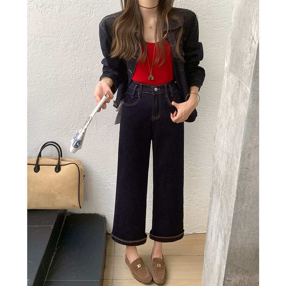 大码女装早秋新款时尚休闲宽松百搭舒适透气高腰直筒牛仔裤2531