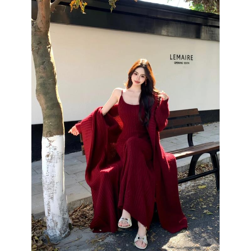 JCC【懒人套装2.0+运补6】宽松慵懒麻花针织外套连衣裙两件套