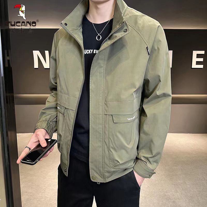 啄木鳥高档次春秋季立领夹克男士休闲简约潮流百搭宽松帅气外套男