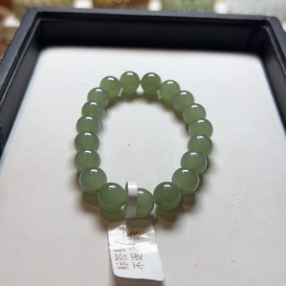 和田玉手串未镶嵌卡10湖水绿