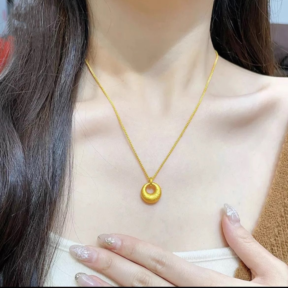 铜合金项链 新中式拉丝圆环吊坠项链女轻奢国风毛衣链简约百搭