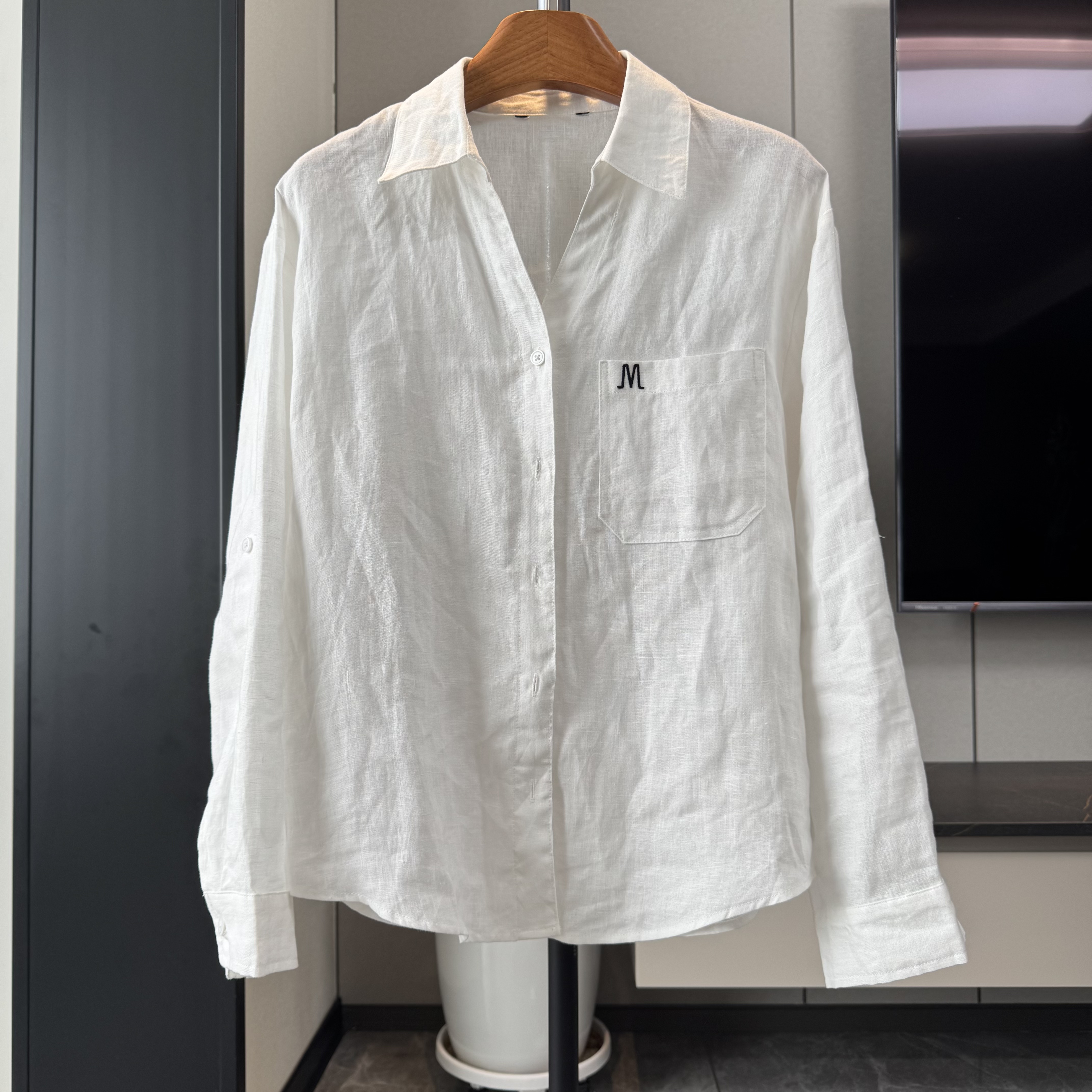 【九玥】春夏亚麻衬衣刺绣长袖气质衬衫简约宽松休闲纯色S2527