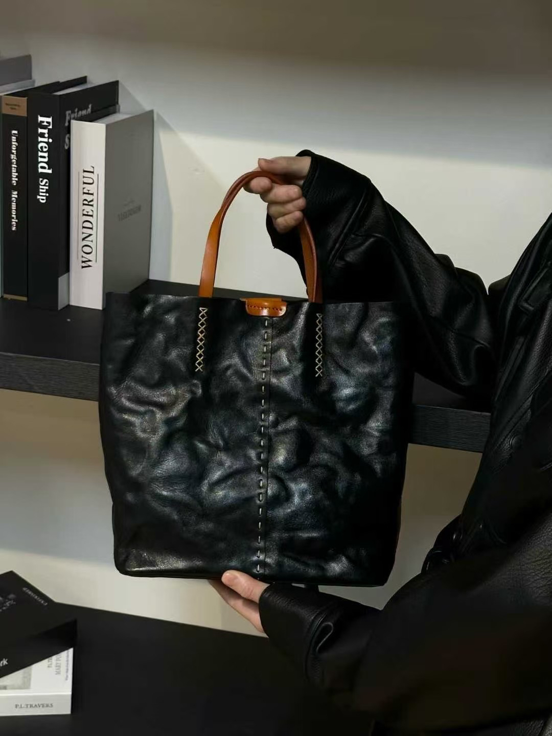 新款手抓花树膏牛皮撞色女士单肩斜挎手提百搭包包