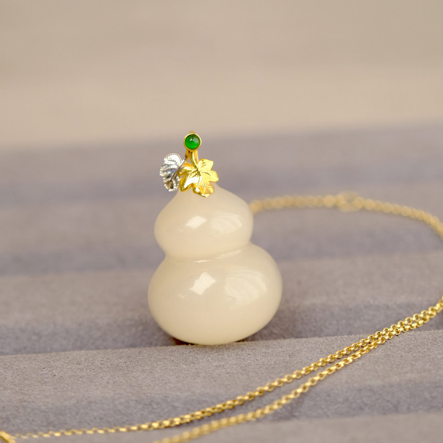 天然玉石葫芦吊坠福禄挂件18k镶嵌和田玉藕粉玉坠