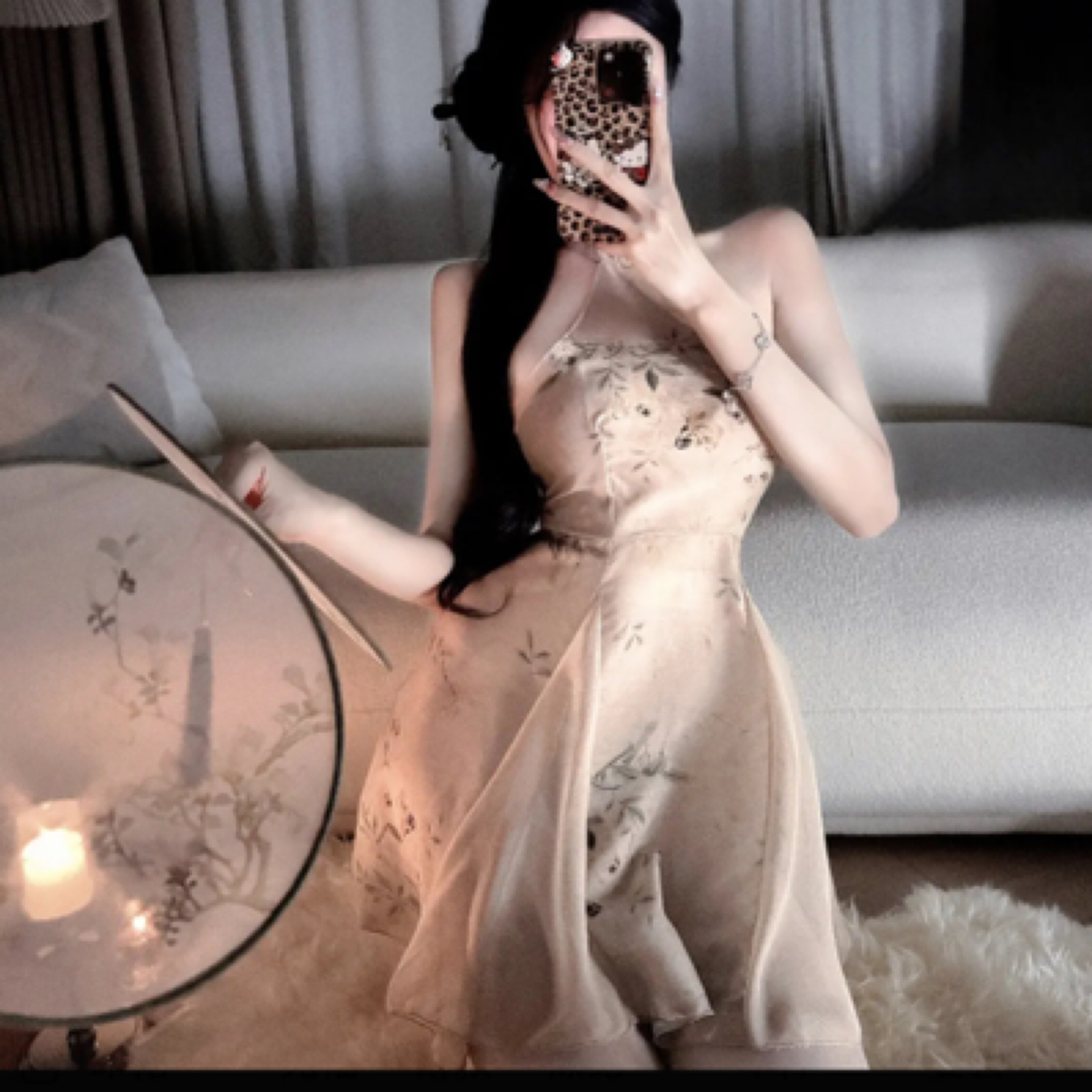 碎花名媛性感新中式夏季长裙无袖旗袍一字肩印花淑女