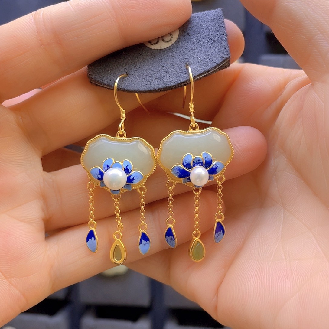 和田玉耳饰银S925镀金镶嵌