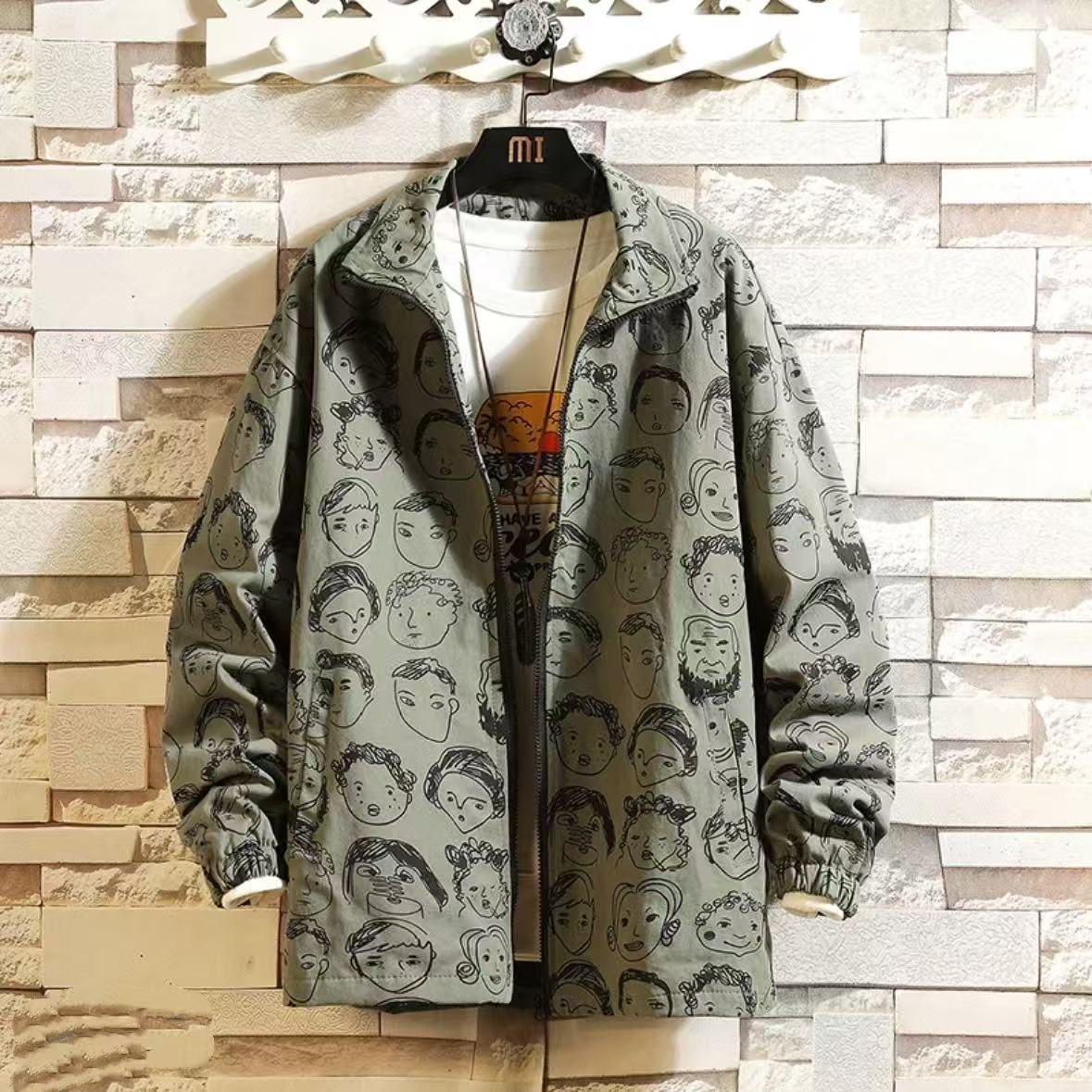 情侣立领夹克男韩版潮流大码宽松春秋新款上衣潮牌满印花百搭外套