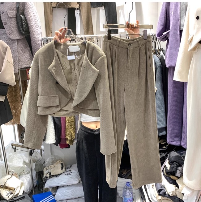 F清仓-冬装圆领双排扣灯芯绒外套高腰宽松直筒休闲长裤两件套装女