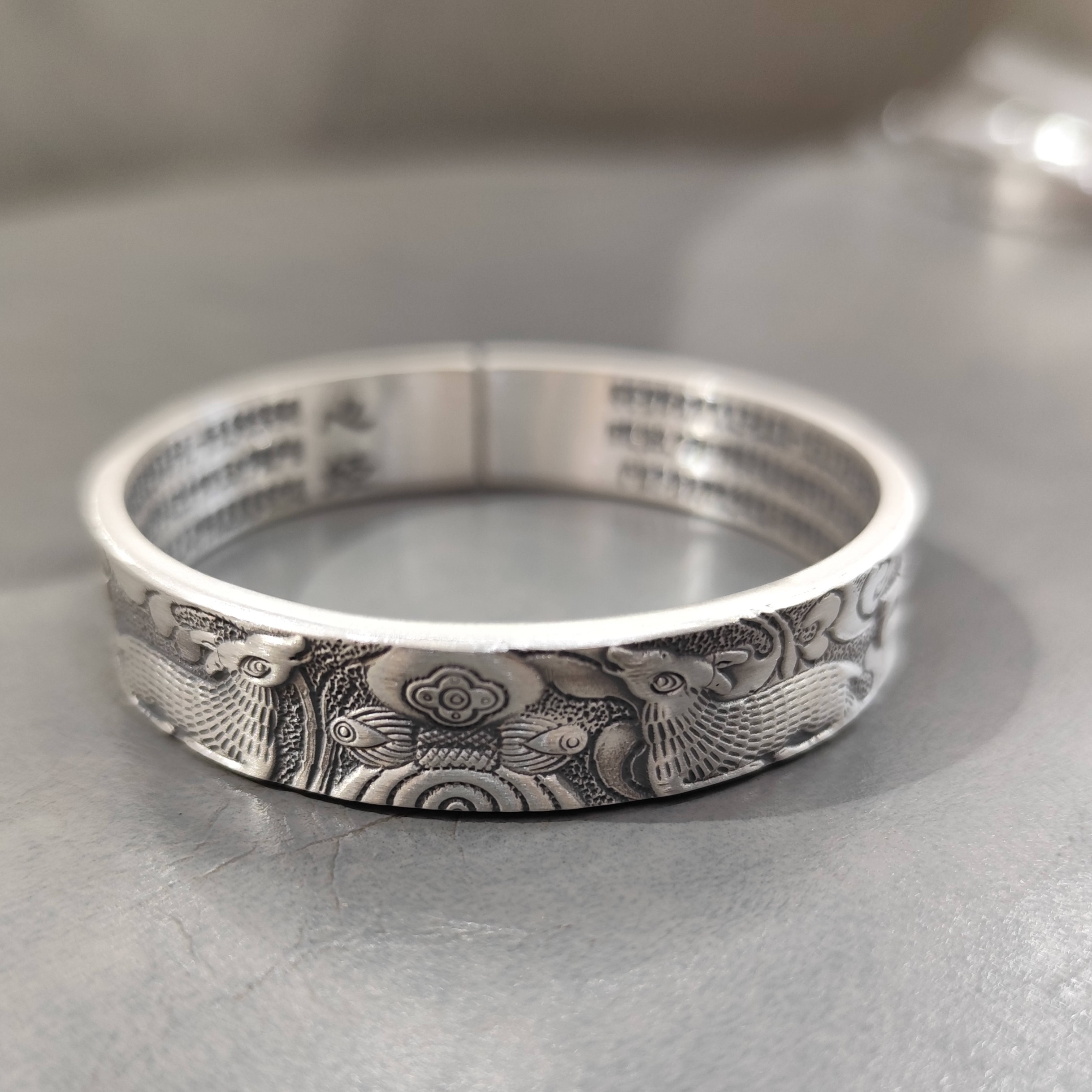 足银手镯 喜公公足银独特复古六字真言手镯