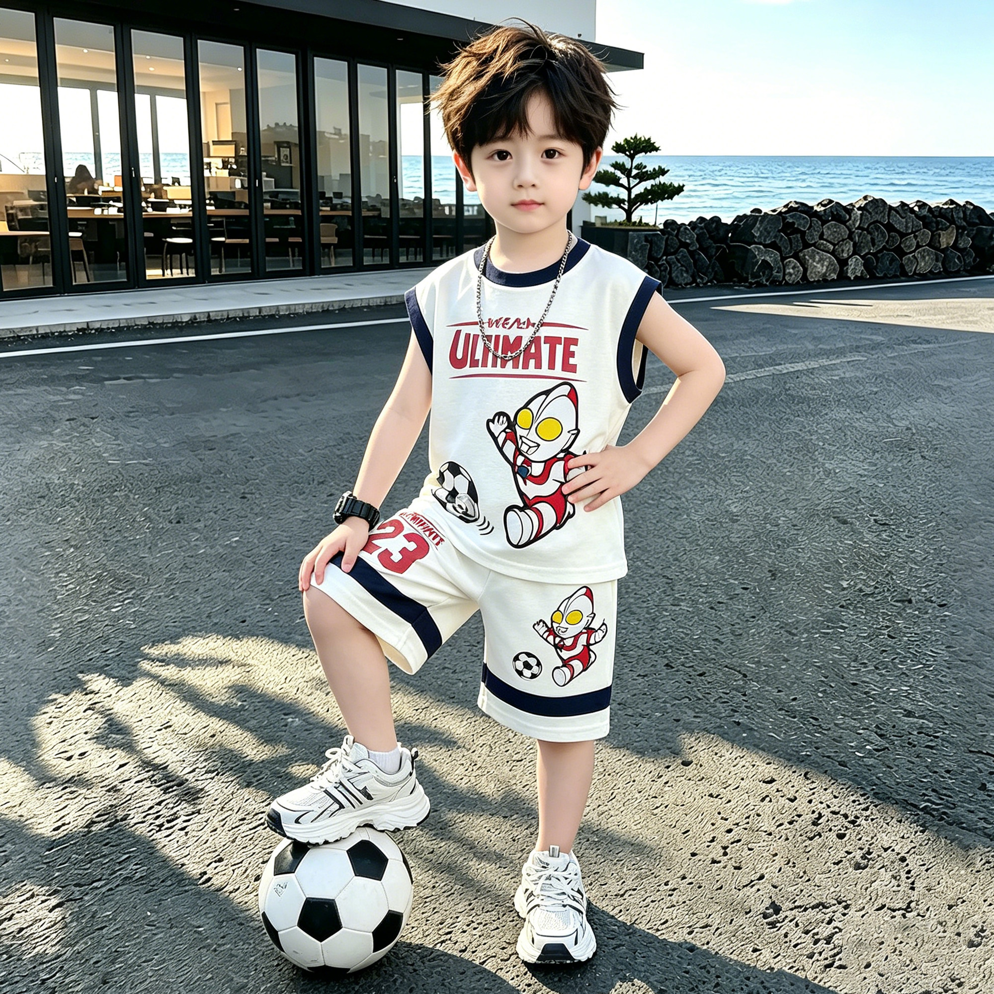 奥特衣服男童夏季无袖短裤两件套2026新款儿童薄款帅气男孩套装