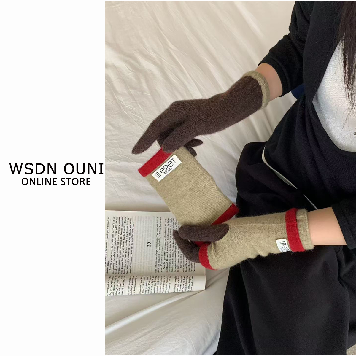 【真两件手套】韩系两件套保暖拼色针织手套秋冬分指可露指触屏手套