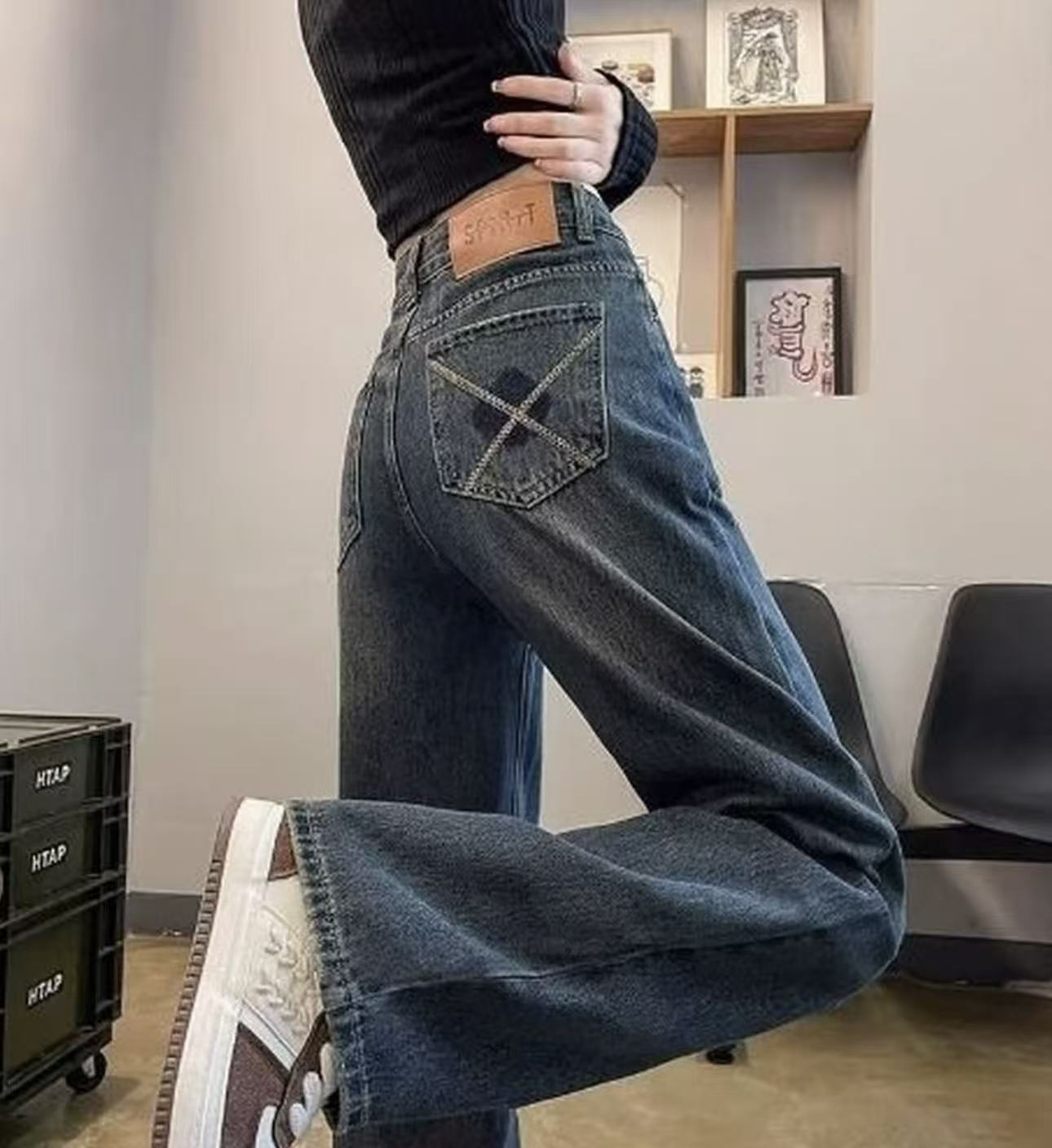 水泥灰新款潮流牛仔裤女秋季宽松显高显瘦百搭简约