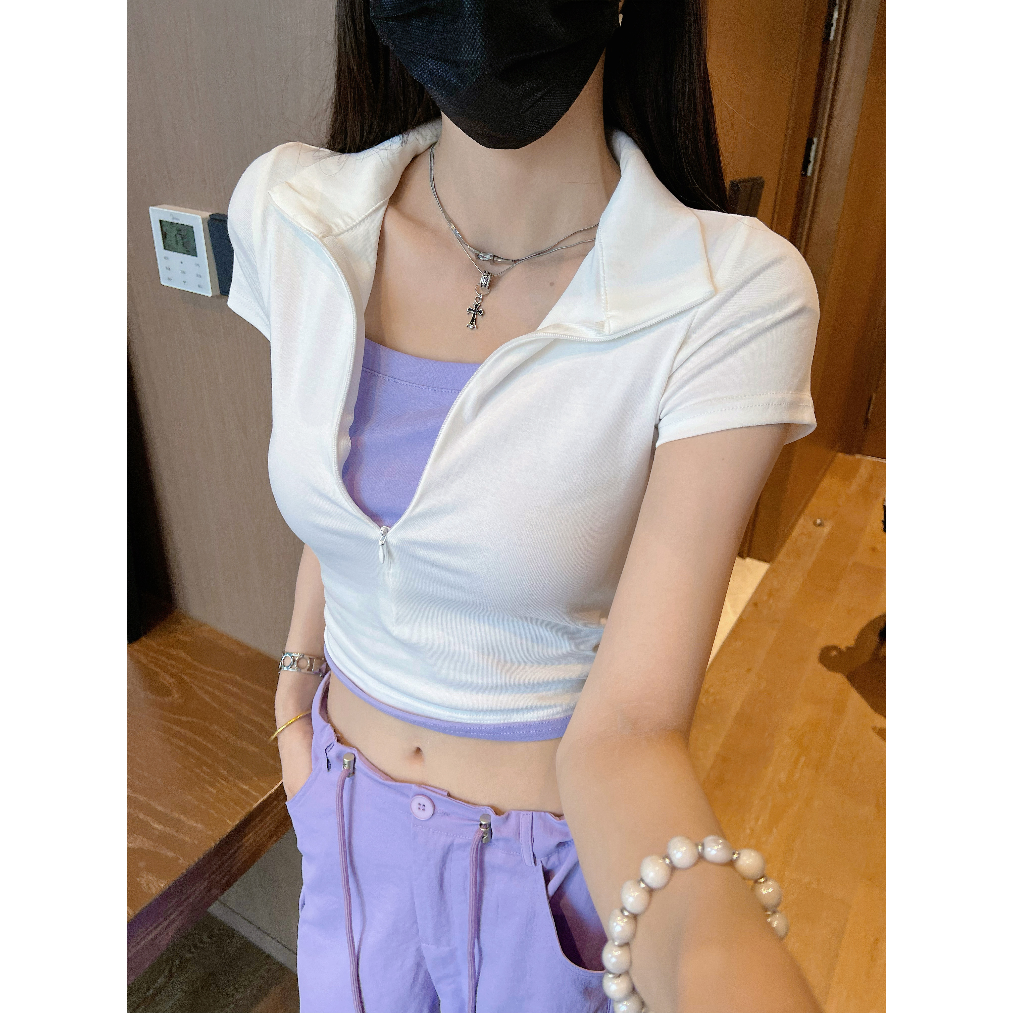 Beaunasloe美式假两件女2025夏季时尚修身显瘦正肩短袖T恤
