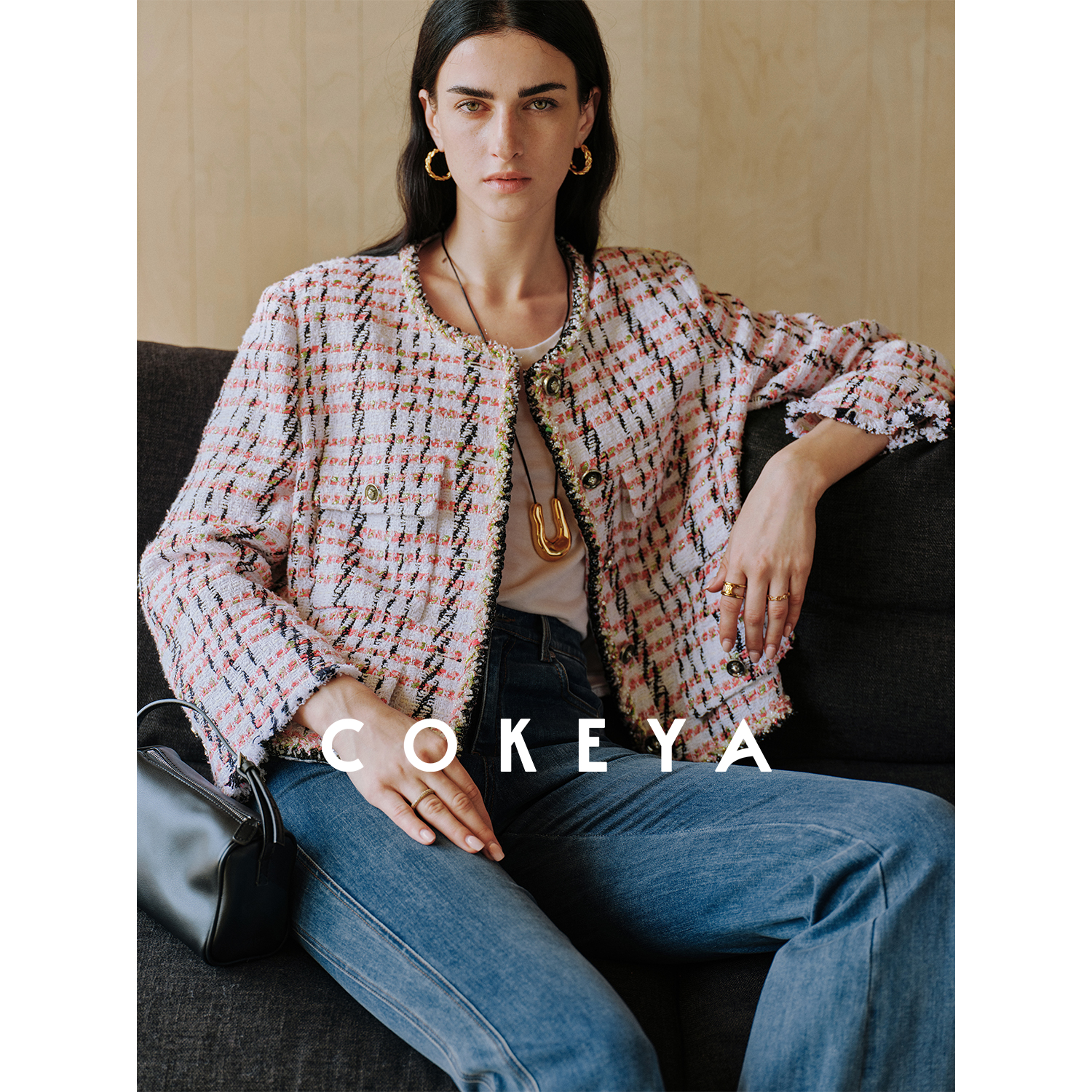 COKEYA/唐顿庄园~ SCOPCLARENSONC幻彩三色棋盘格纹粗花呢短外套