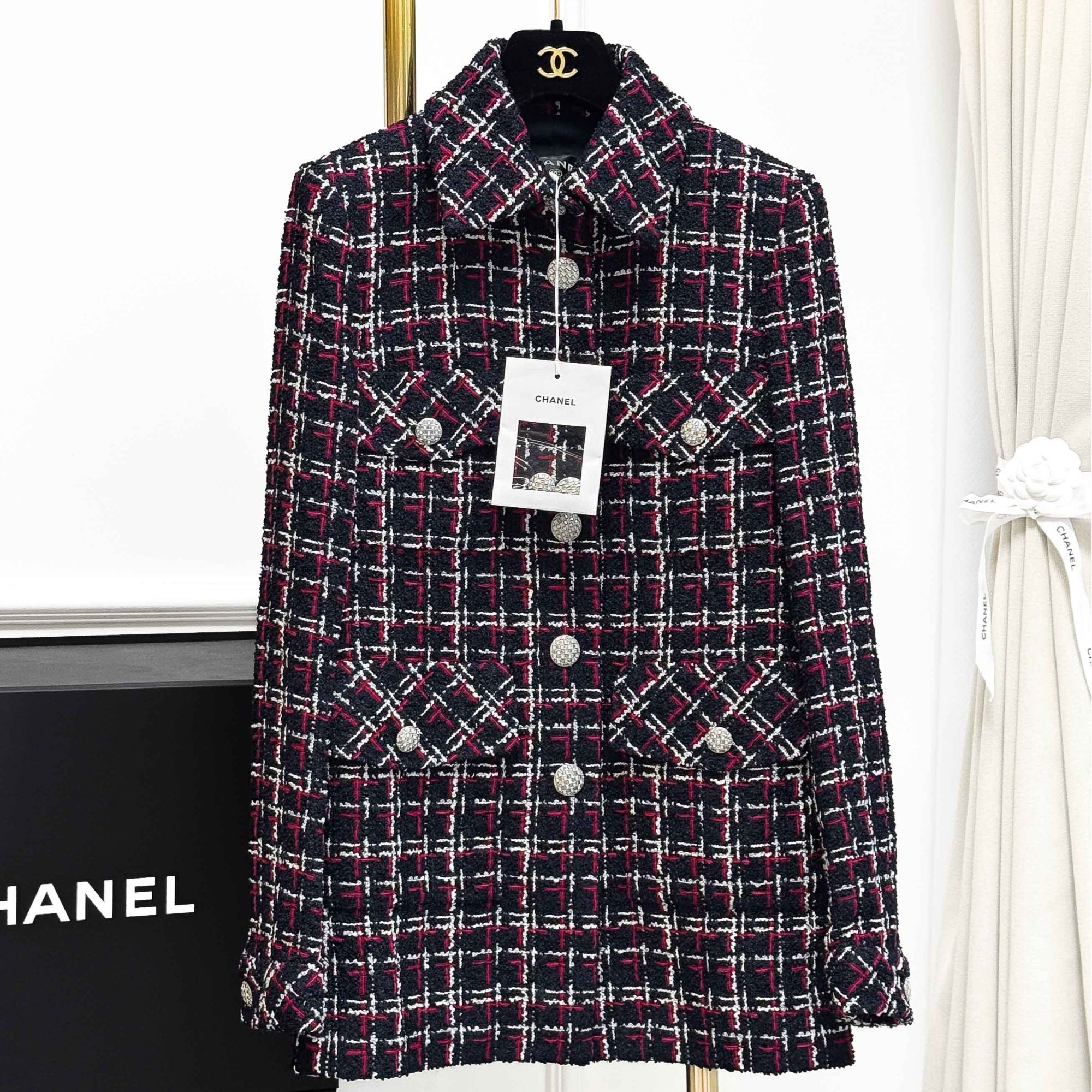 99新 Chanel/香奈儿 34码20S屋顶系列红蓝格纹四口袋粗花呢外套