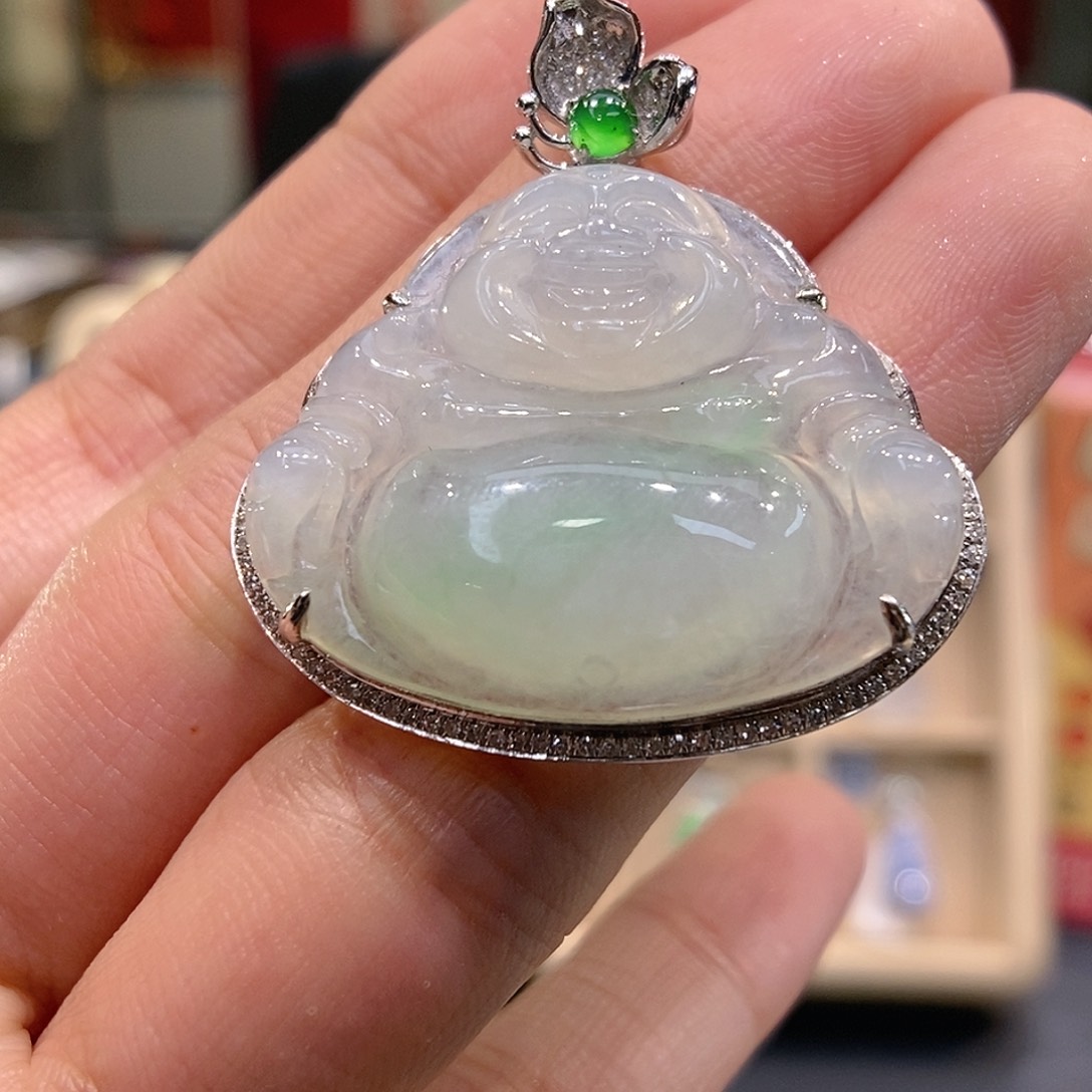 翡翠吊坠(不含链)18K金镶嵌佛公