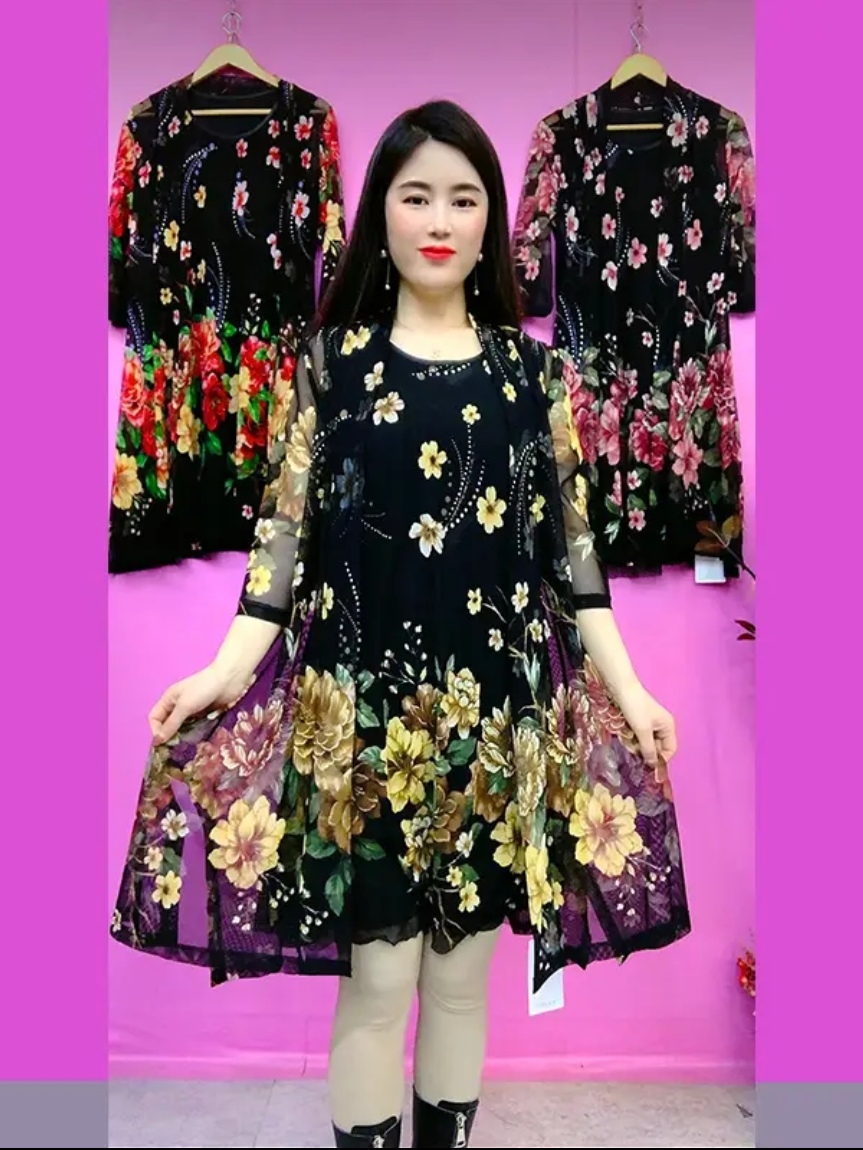 牡丹花两件套裙（无袖裙+外披）洋气减龄时尚百搭夏季显瘦印花