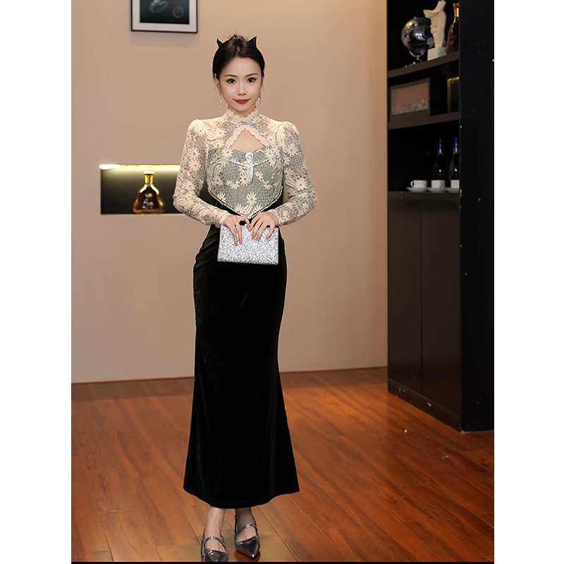 GERUIOUDIAN/格芮欧典3158新中式春季新款复古旗袍蕾丝拼接连衣裙