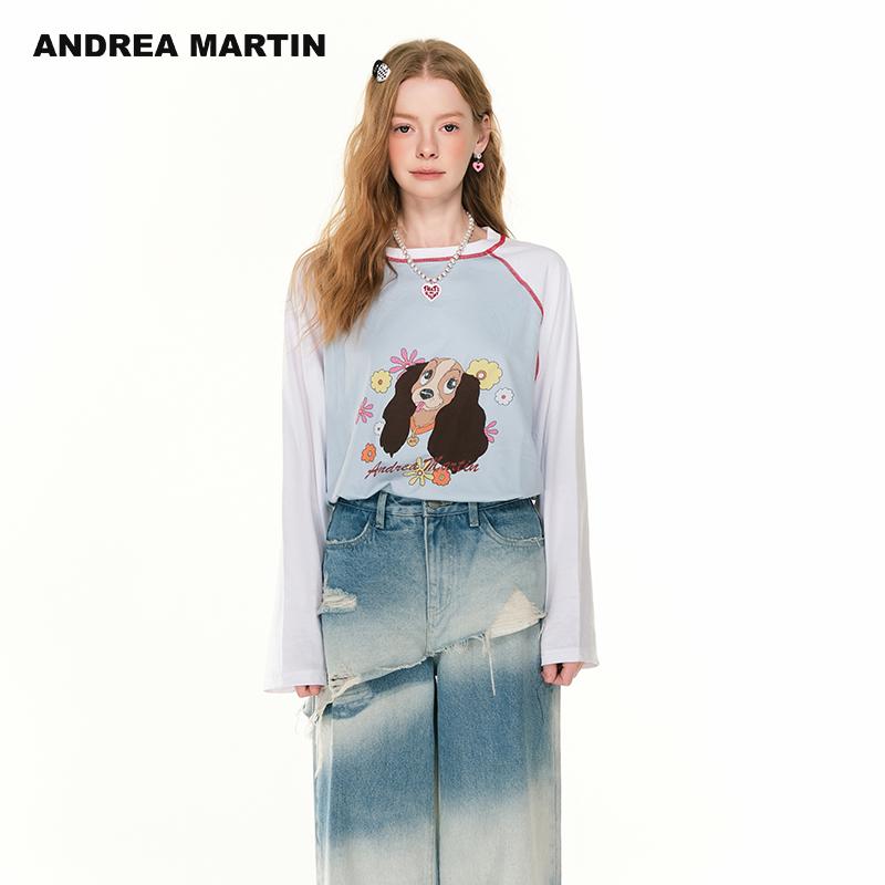 Andrea Martin2025新款时尚套装女拼色印花长袖T恤
