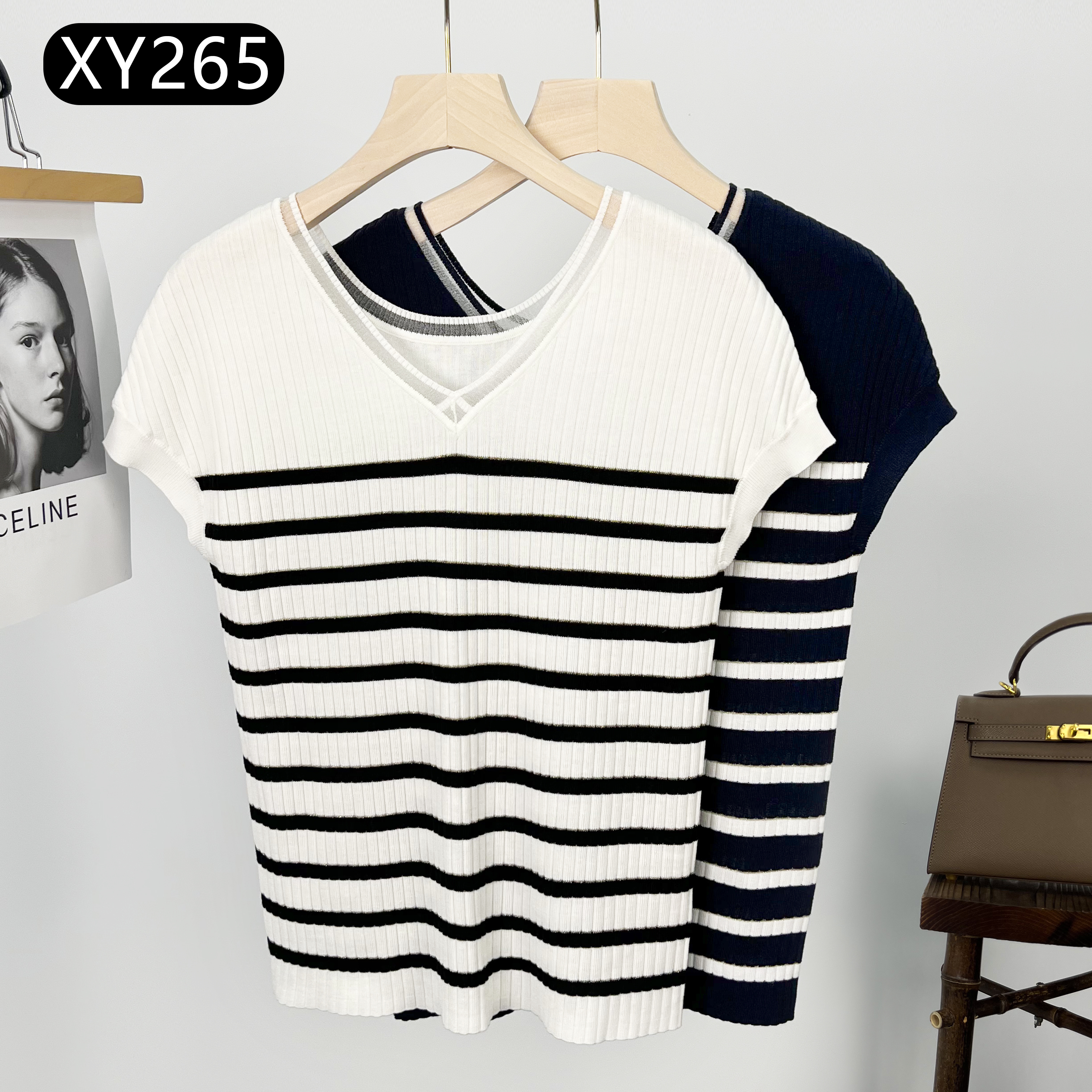 【北方鹿】2025夏季新款时尚设计感条纹V领显瘦针织短袖上衣女XY265