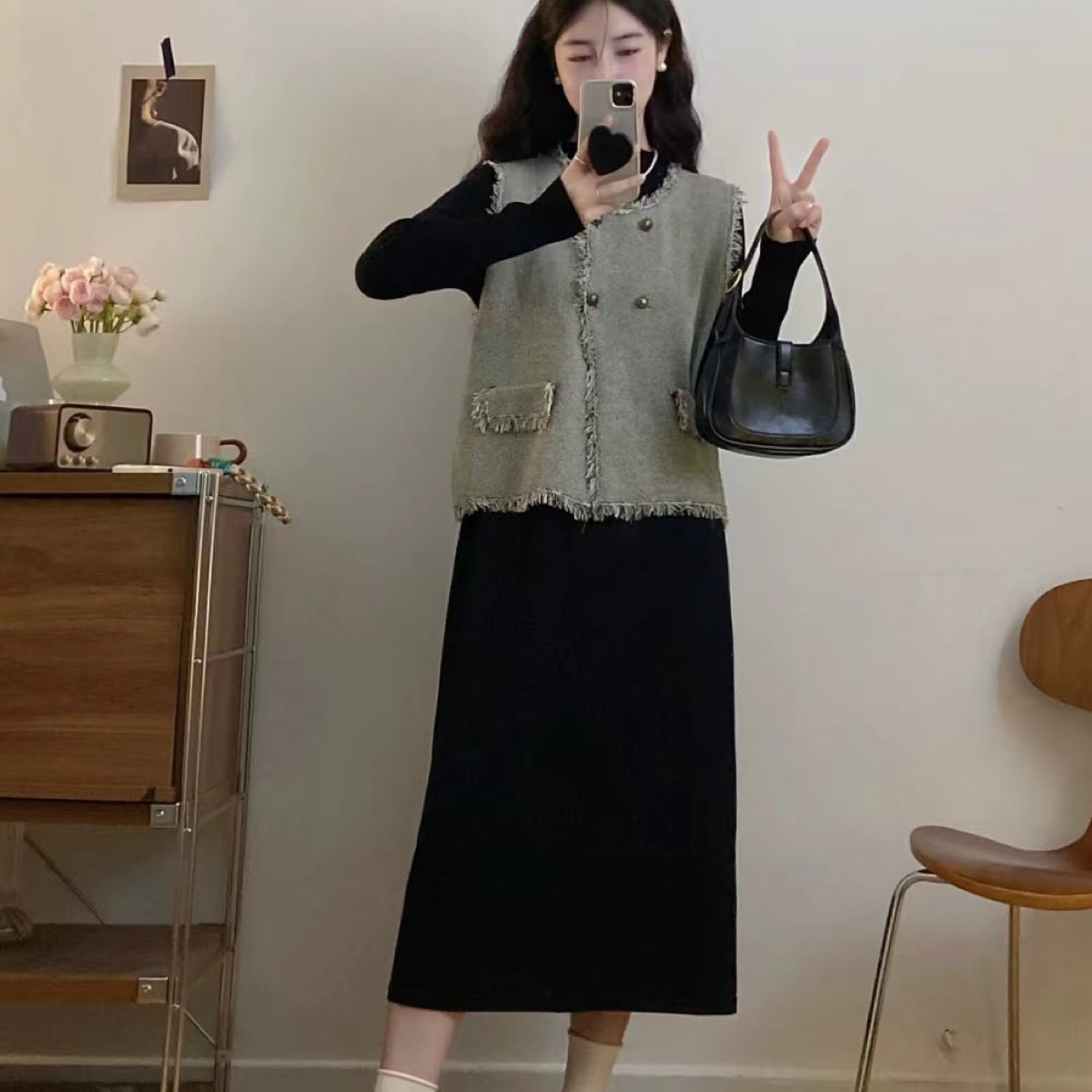 法式小香风马甲连衣裙两件套2025秋季新款大码胖MM高级感时髦套装