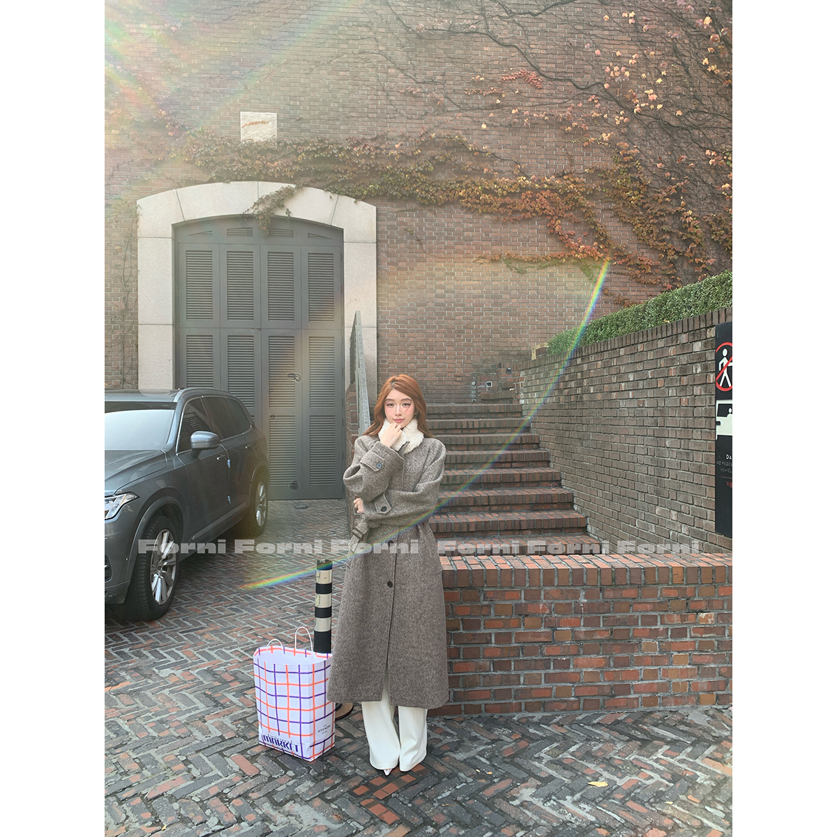 FORNI 英伦冬令时 毛领混色人字纹羊毛大衣