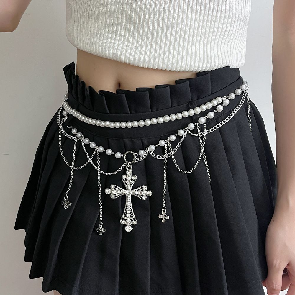 流苏十字架仿珍珠腰链女甜酷辣妹风个性百搭腰带配连衣裙装饰潮