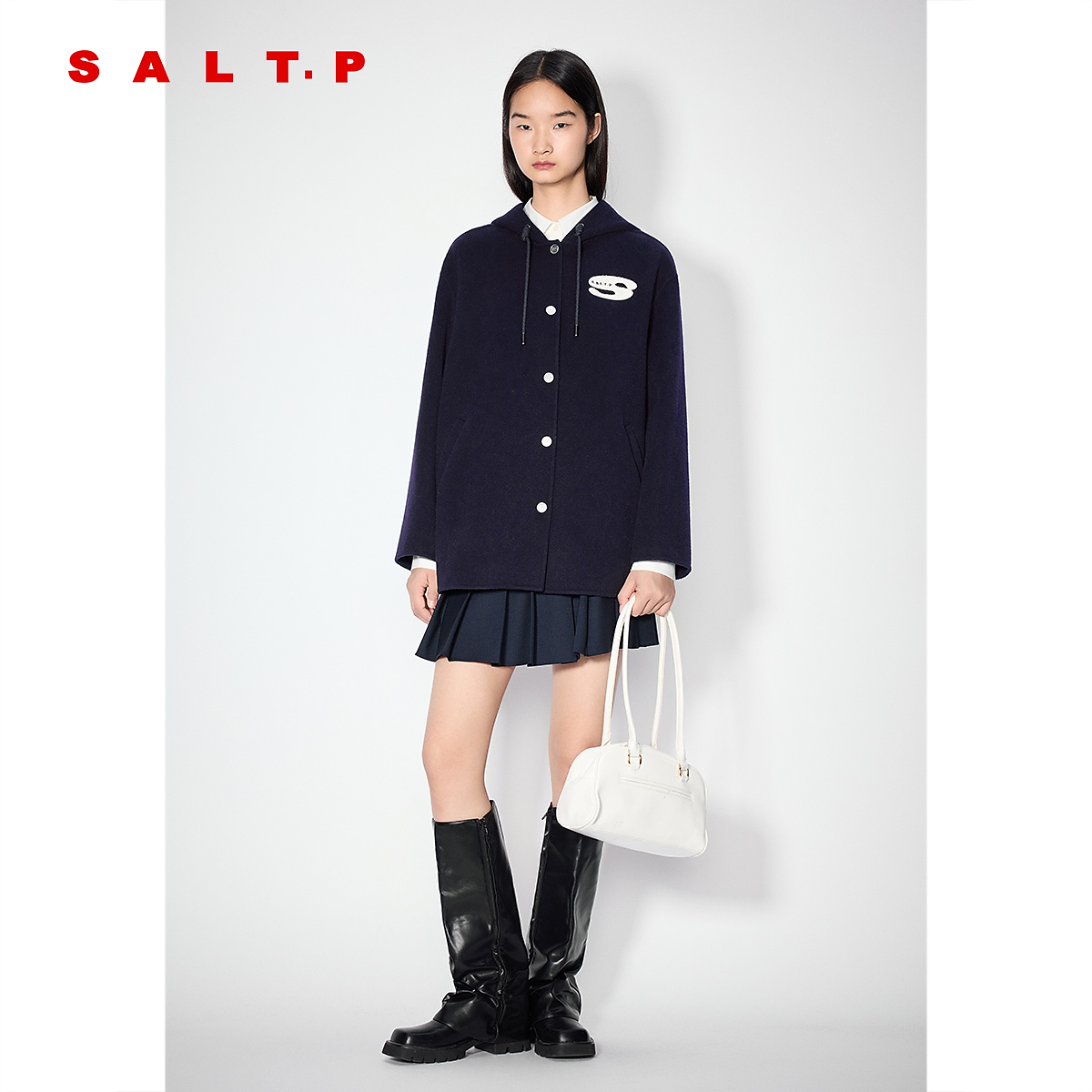 SALT.P可颜学院风舒适休闲羊毛连帽毛呢外套女宽松2025冬季新款