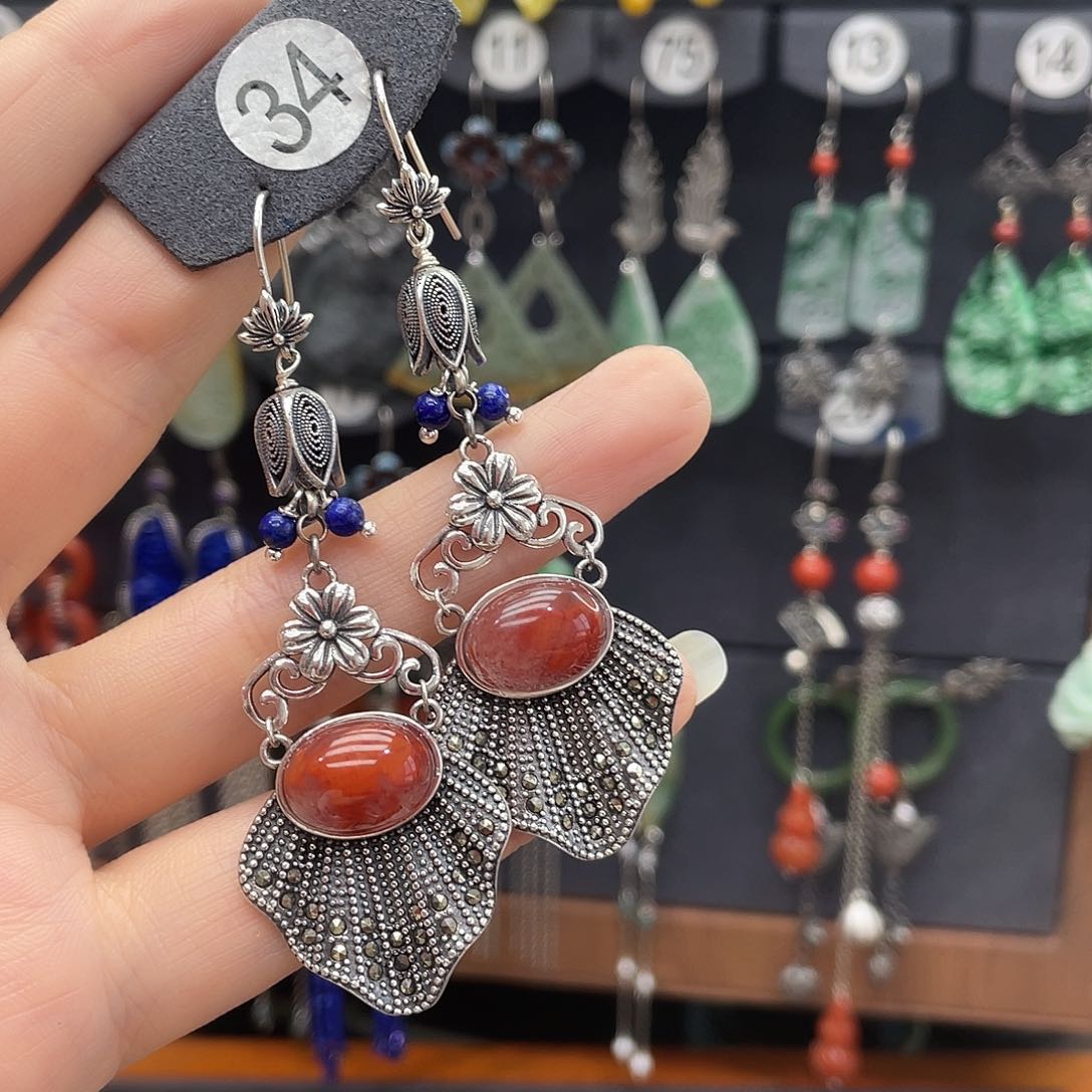 南红玛瑙耳饰银S925镶嵌红*包Dvbhhhhh