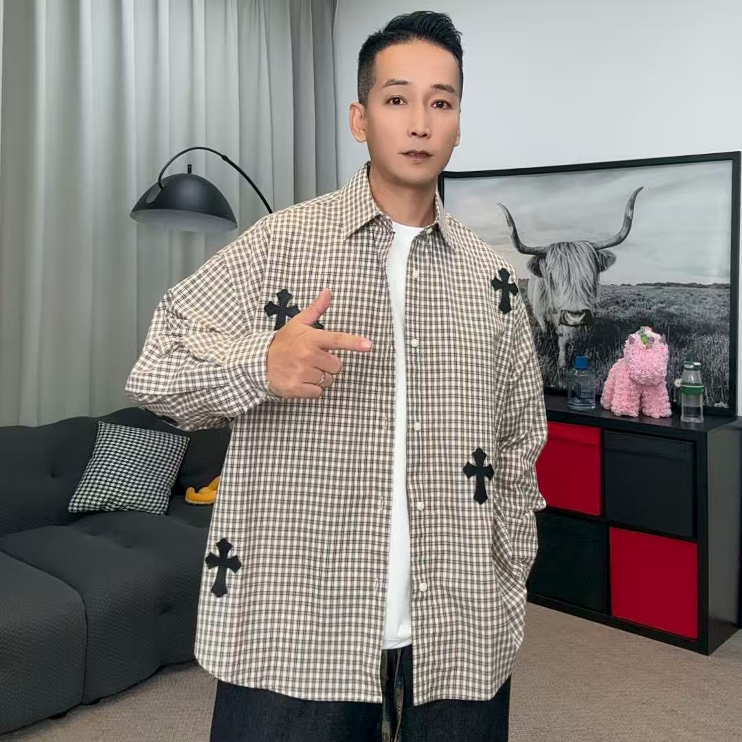 早秋新款百棉时尚潮流宽松韩版ins舒适百搭复古休闲格纹衬衫7207