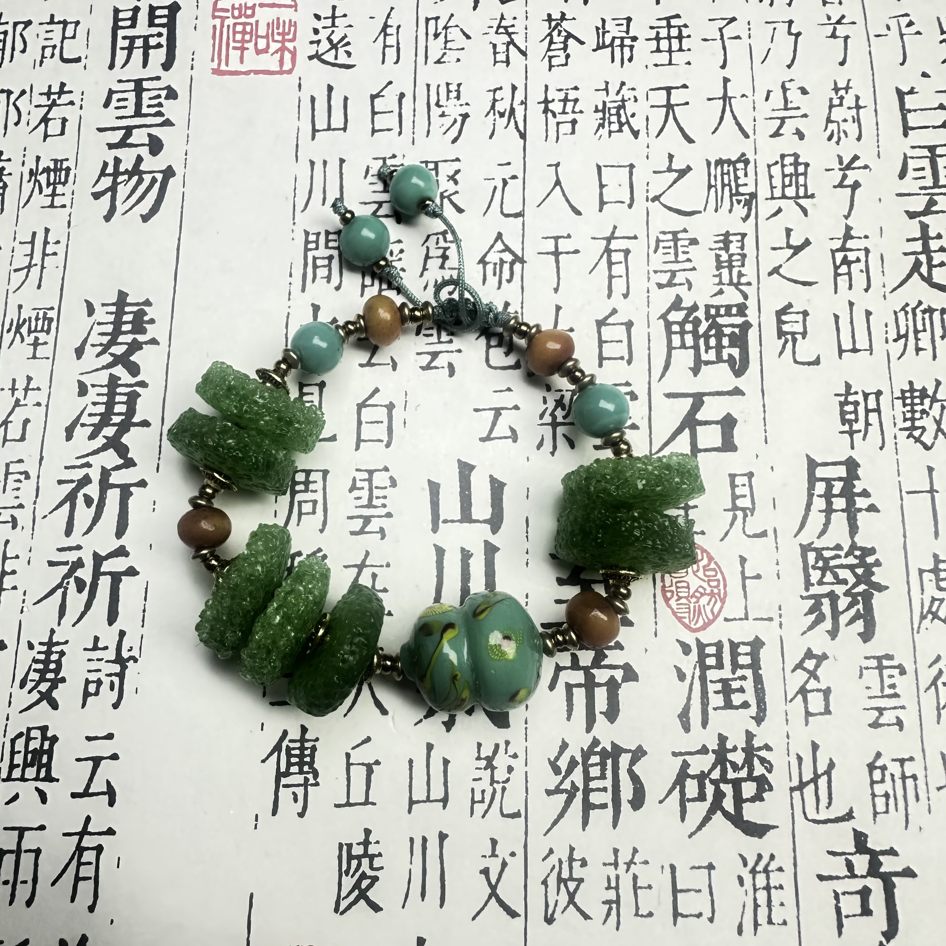 合金手链 LZ7033-1清水蓝凤眼葫芦绿色棉花糖切片绳编琉璃手链