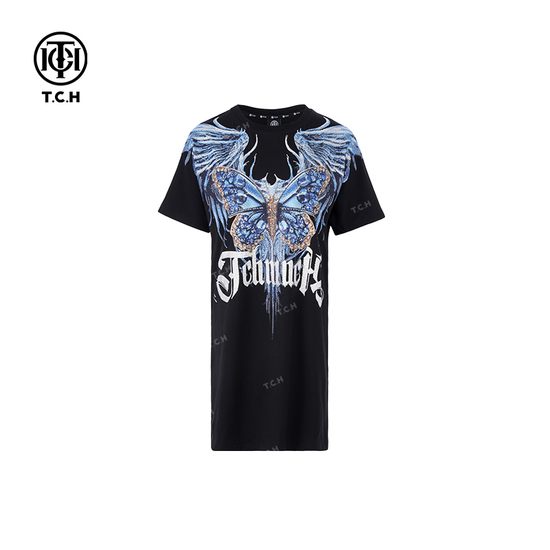 爆款-TCH2025新款气质时尚重工洋气烫钻黑色连衣裙T72B30E6038